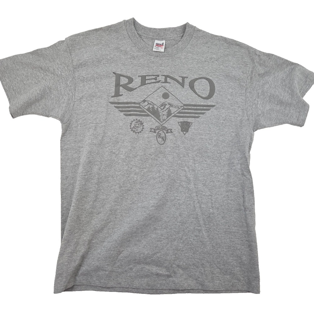 VTG 90s Reno Nevada Tourist Travel Puff Print Shirt XL Single Stitch Anvil Gray